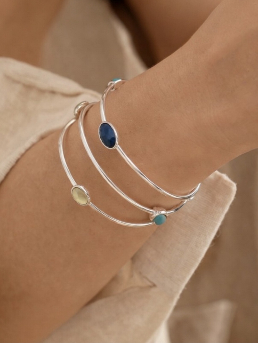 Faceted Beaded Silver Tone Bangle Set 3pc Stack